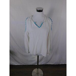 Solitaire Shirt Womens Medium White Boho Embroidered Floral Long Sleeve Peasant